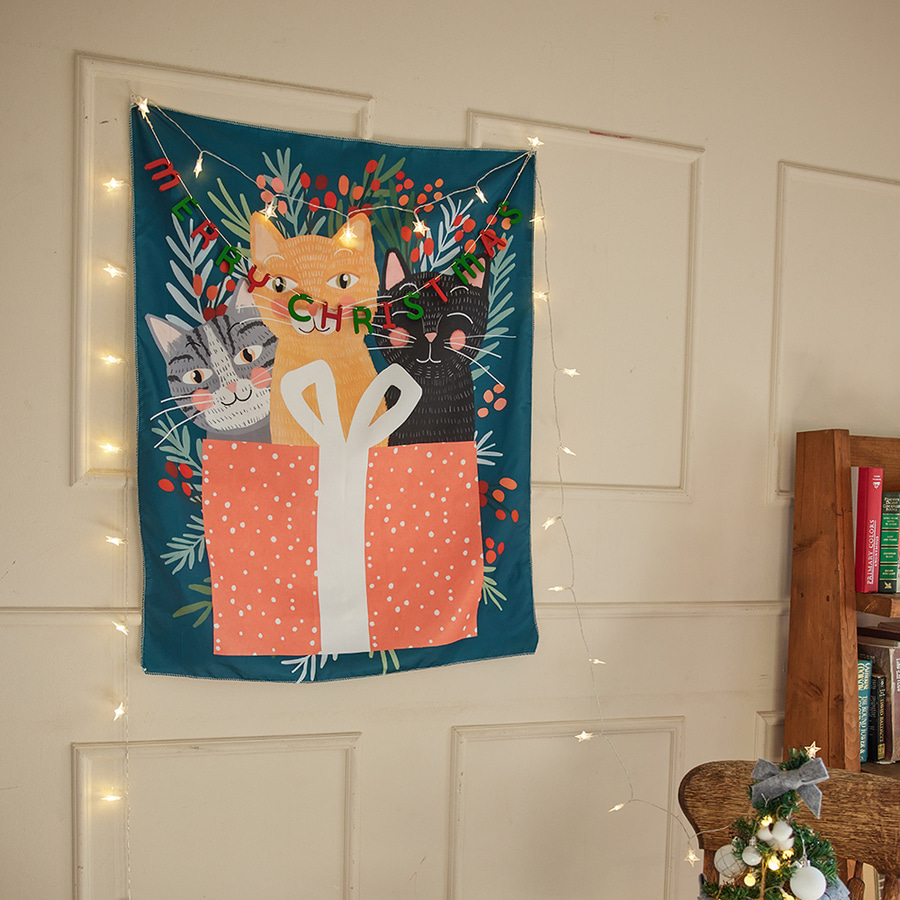 12월 고양이 패브릭 포스터 73X95cm LED별전구 세트
